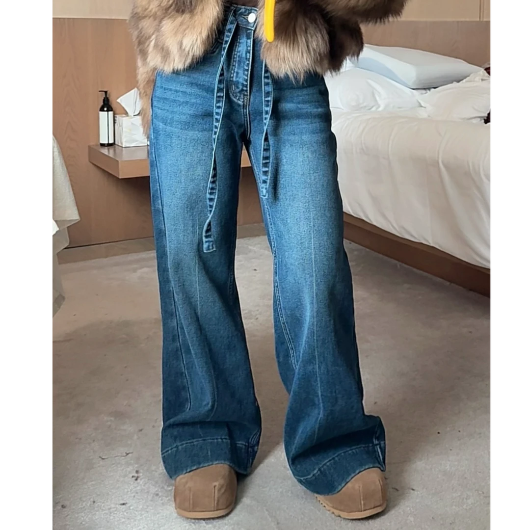【蓝蓝专属-运费补贴】柯比琳腰带牛仔裤女遮肉显瘦弹力阔腿直筒裤