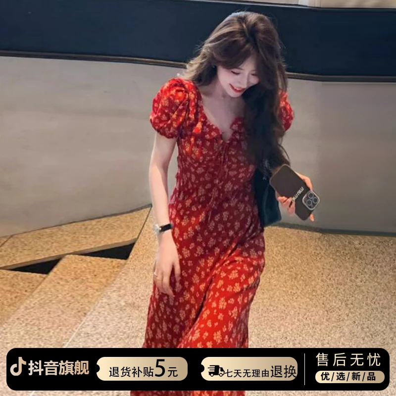 法式复古泡泡袖红色碎花连衣裙子女2025年夏季新款小个子气质长裙