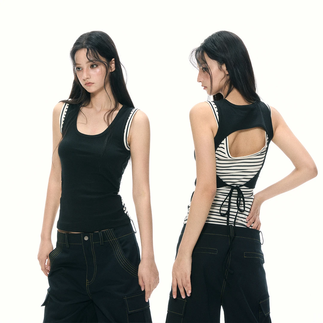 【九儿推荐】APEA假两件撞色条纹工字背心小众拼接镂空露背系带上衣