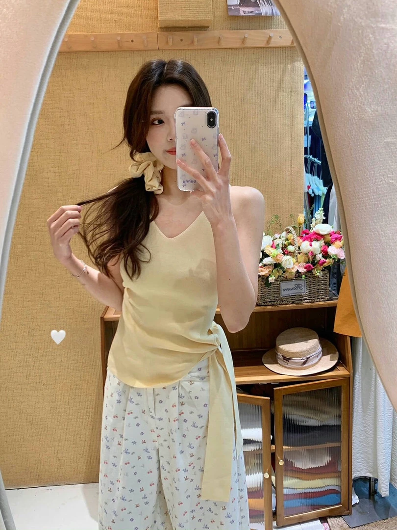 纯欲夏季纽结吊带针织衫背心 蝴蝶结碎花韩系ins宽松显瘦休闲裤