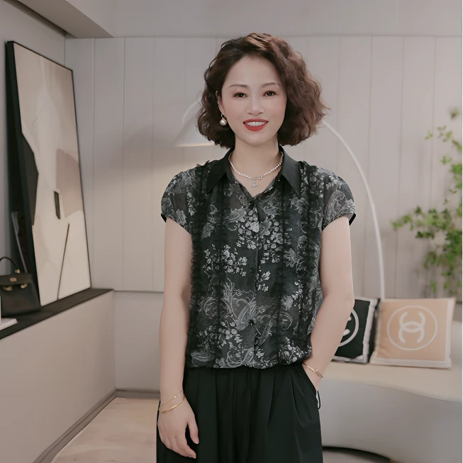 【柯家服饰】时尚POLO领复古印花抽绳设计感衬衫夏季百搭显瘦上衣