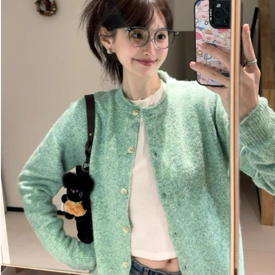 薄荷绿色开衫毛衣外套女春秋季软糯宽松慵懒风早春外搭针织衫上衣