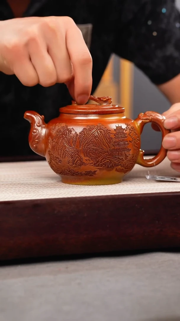 茶壶紫砂火云烧 如意鼓壶 刻绘