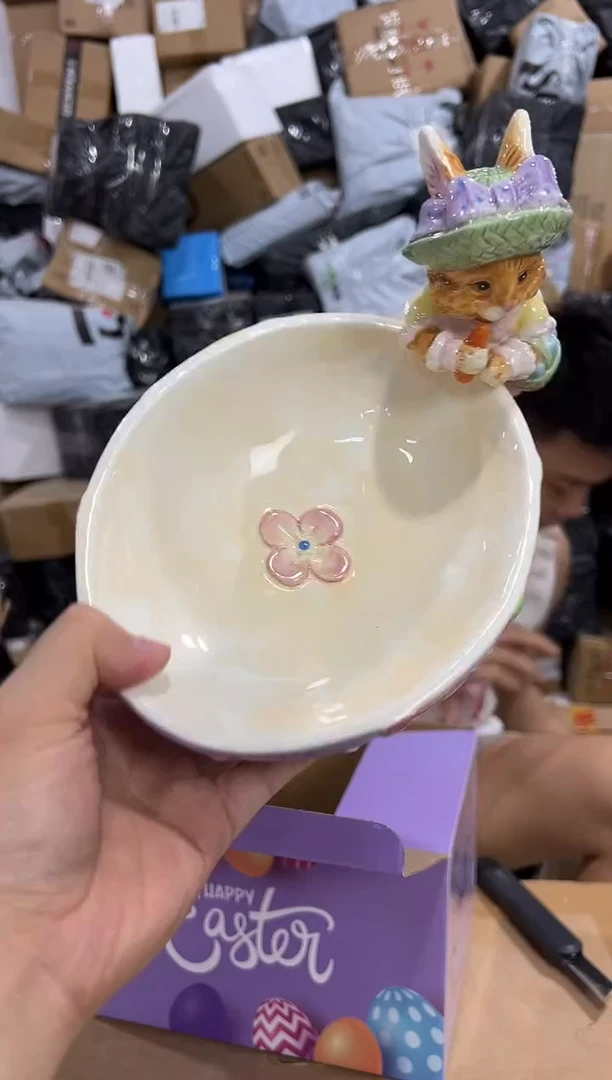 瓷片紫色原盒兔子碗
