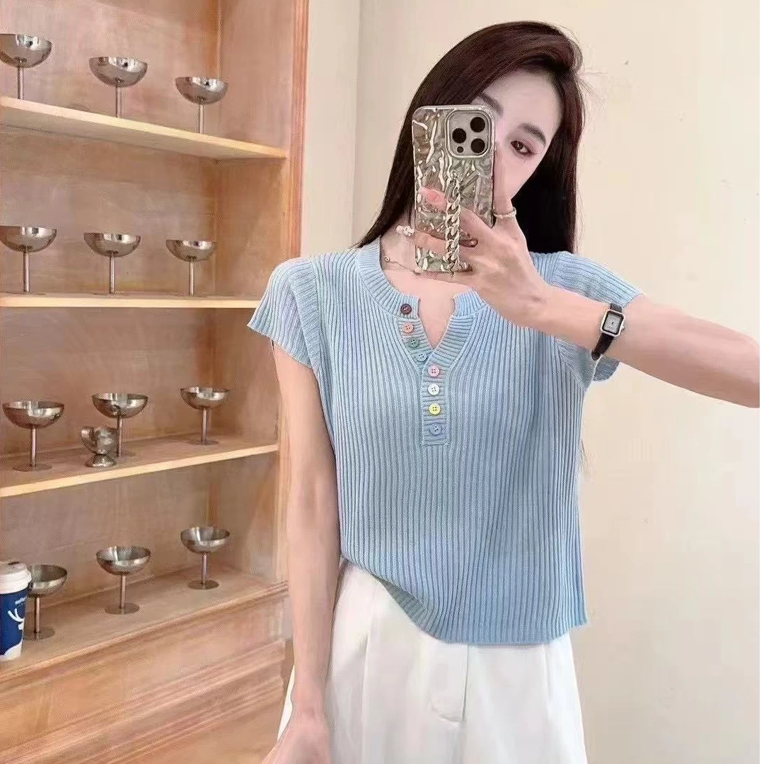 女士短款显瘦正肩针织衫圆领短袖t恤女2025新款爆款上衣洋气小众