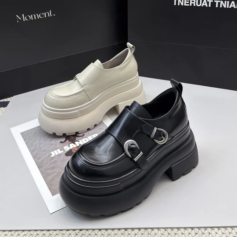 D2237-21小皮鞋女厚底增高2025年新款真皮松糕乐福鞋小众坡跟单鞋