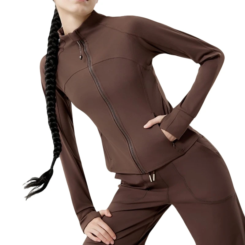 跑步健身长袖瑜伽上衣瑜伽服外套女立领修身显瘦运动长袖弹力