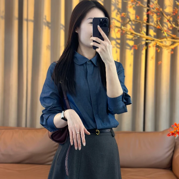 LANOOTD"知许"25秋款衬衫色织纯棉牛仔蓝长袖衬衫莫兰ML-B2509021