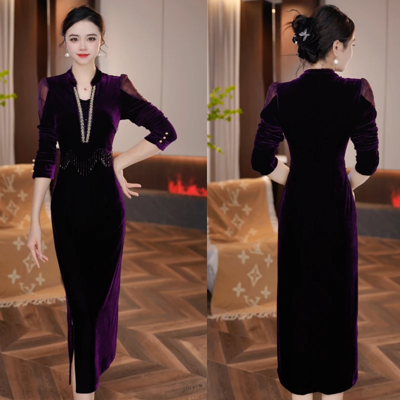 【紫銮璃金】2025秋季新款收腰显瘦洋气减龄轻奢女人味打底连衣裙