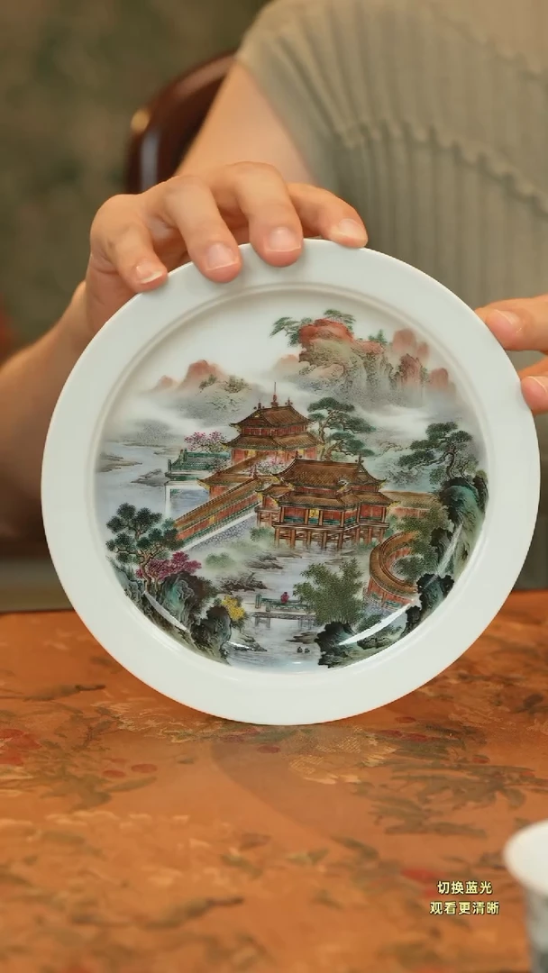 手绘粉彩梁园盛景壶承