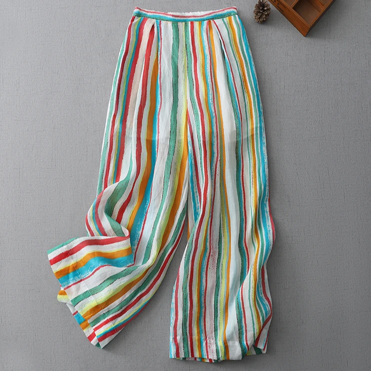 夏天薄款彩虹条纹阔腿裤女大码胖mm高腰显瘦松弛感休闲直筒长裤子