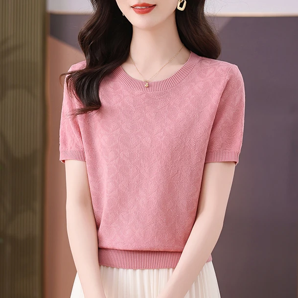 【天丝】纯色镂空圆领小衫2025夏薄款爆款新款短袖女宽松洋气针织衫