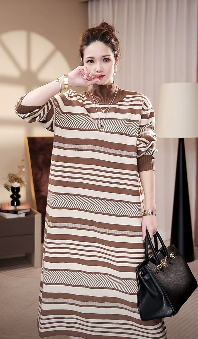 高端【温柔条纹】中高领新款长袖大码妈妈显瘦毛衣连衣裙-6480#