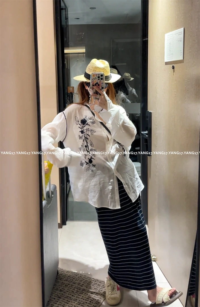 杨十七 撞色重工刺绣！老钱感圆领宽松褶皱肌理感衬衫女夏日防晒