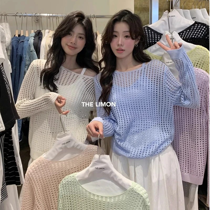 法式蓝色冰丝针织镂空防晒空调衫女夏季吊带外搭宽松薄纱上衣罩衫