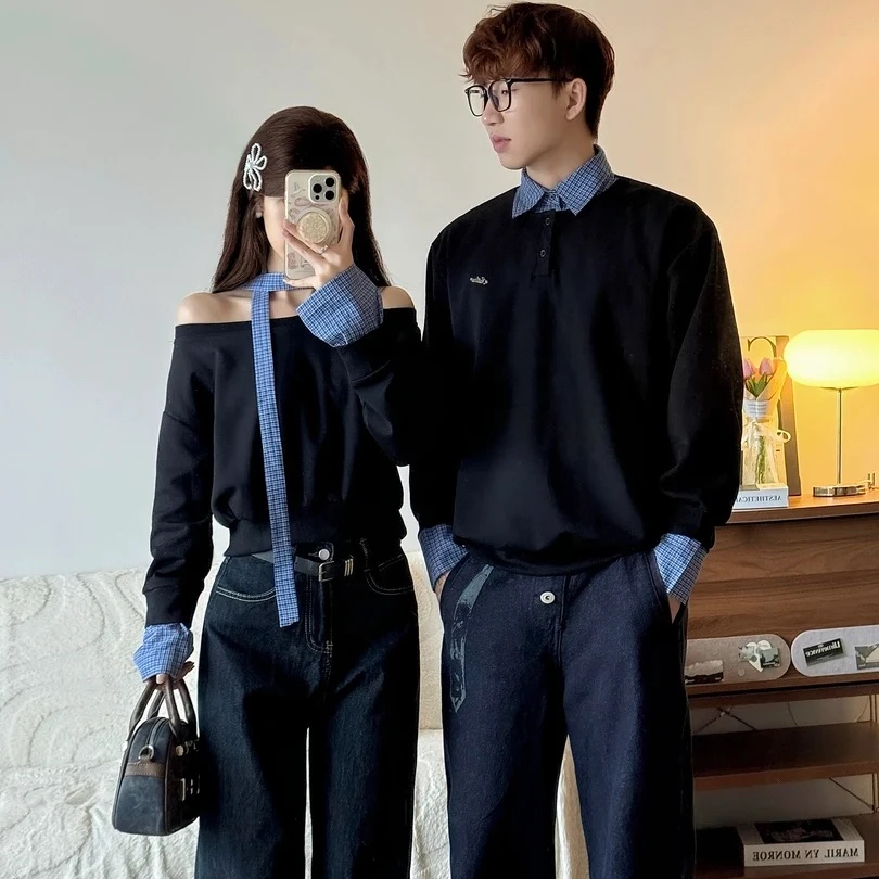 情侣装一长一短秋季2025新款假两件宽松格子韩系长袖卫衣男女上衣