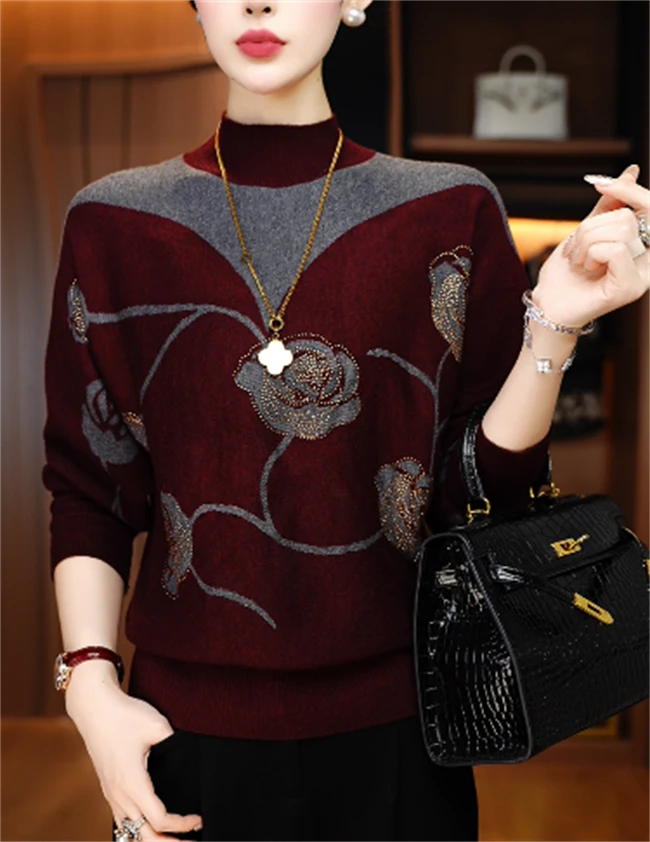 休闲风女长款加厚碎花针织抗起球宽松保暖毛衣圆领妈妈装V25Z015