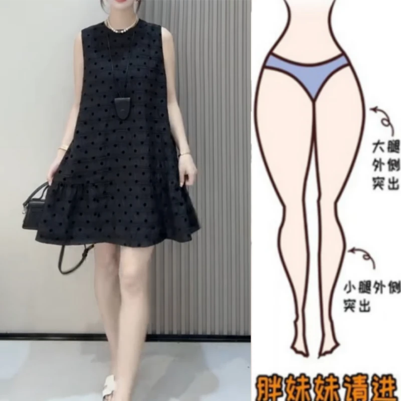 女装胖妹妹夏季新款薄款舒适圆领宽松显瘦时尚洋气波点无袖连衣裙