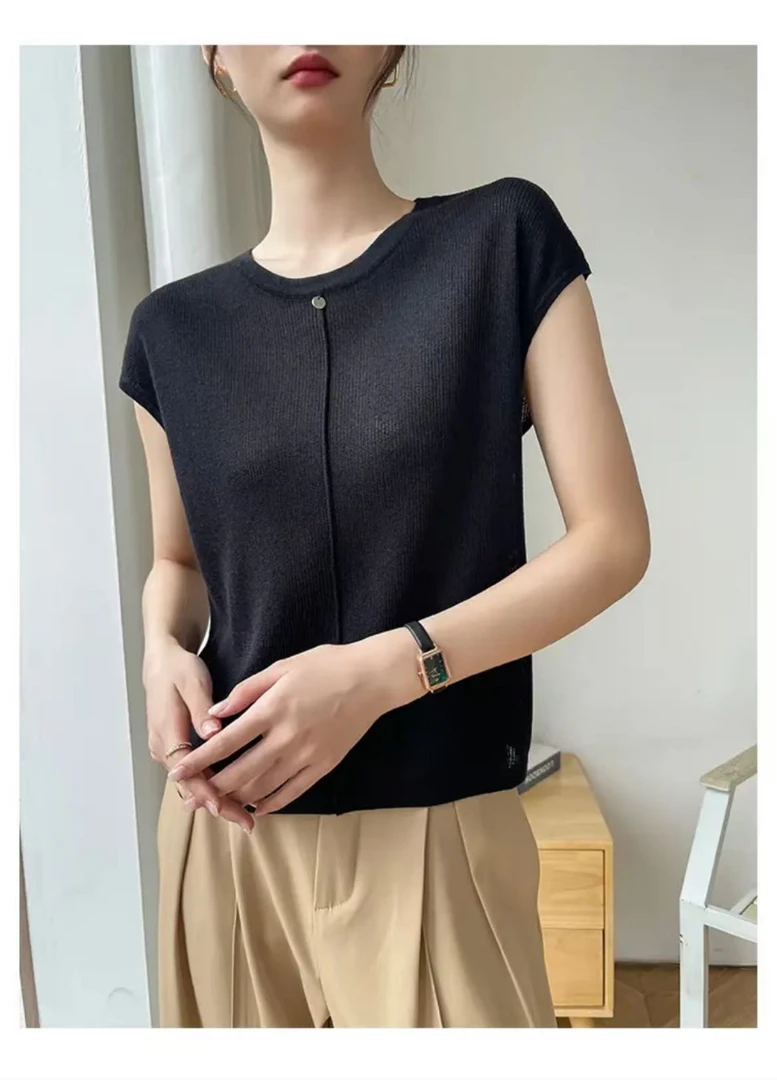 冰凉丝短袖针织衫女2025夏季薄款时尚显瘦百搭坎肩体恤上衣宽松