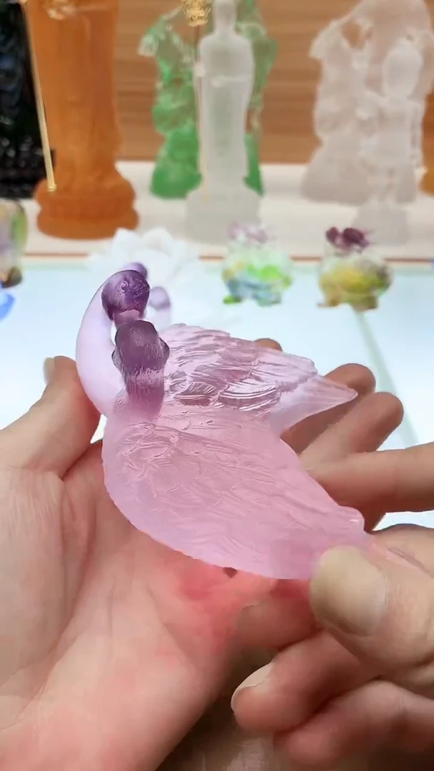 手工艺品琉璃粉色鸳鸯13*6.5CM