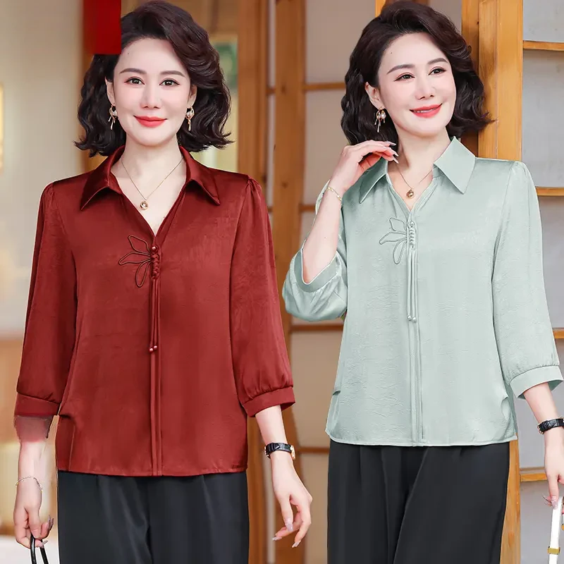 妈妈春装七分袖气质小衫中老年女春夏衬衫洋气百搭2025新洋气上衣