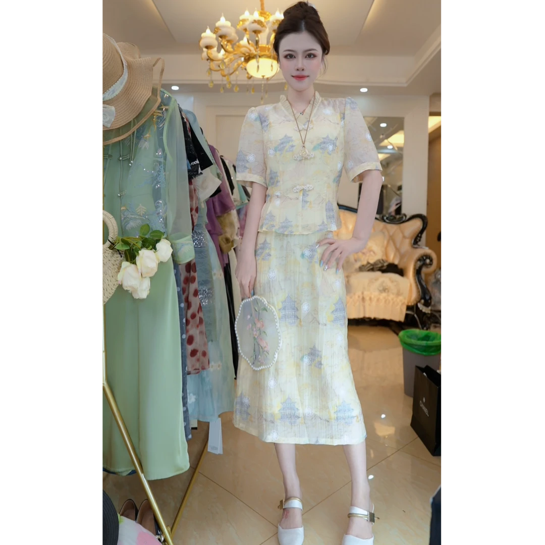新中式I连衣裙两件套装夏季显瘦套装D4226
