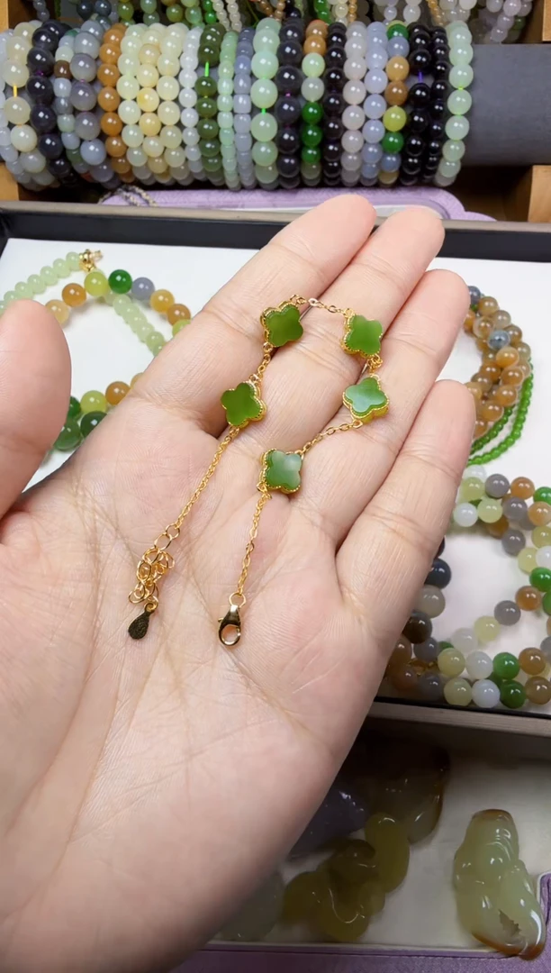 手链银S925镶嵌和田玉碧玉四叶草手链