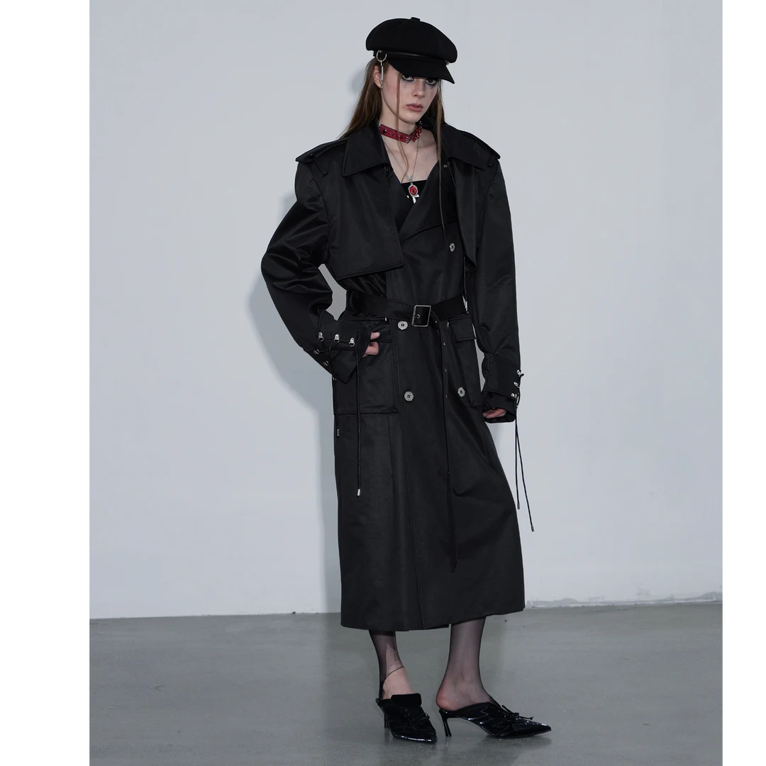 INTERLINKED 英伦风做旧宽松风衣双排扣绑带外套气质收腰长款大衣