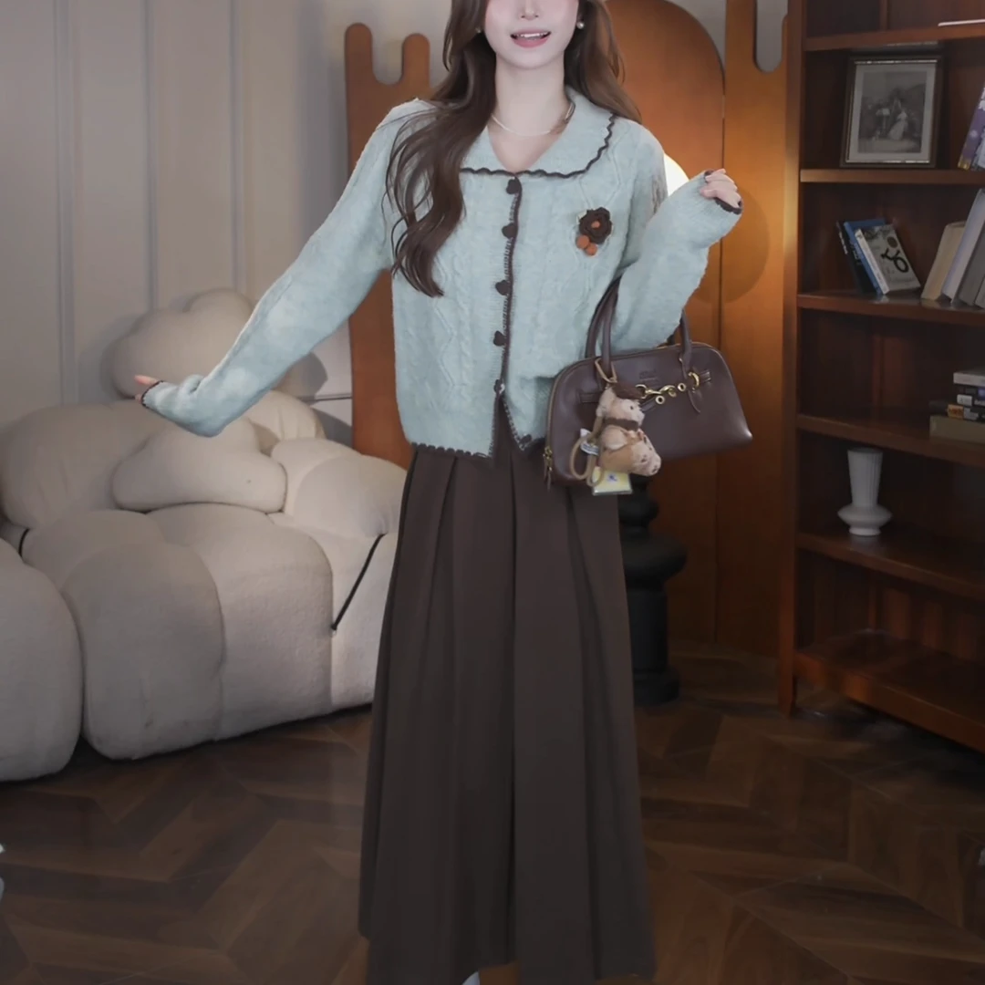 鹿向南【忍冬松林】秋季新款韩系慵懒显白绿色气质开衫毛衣套装女