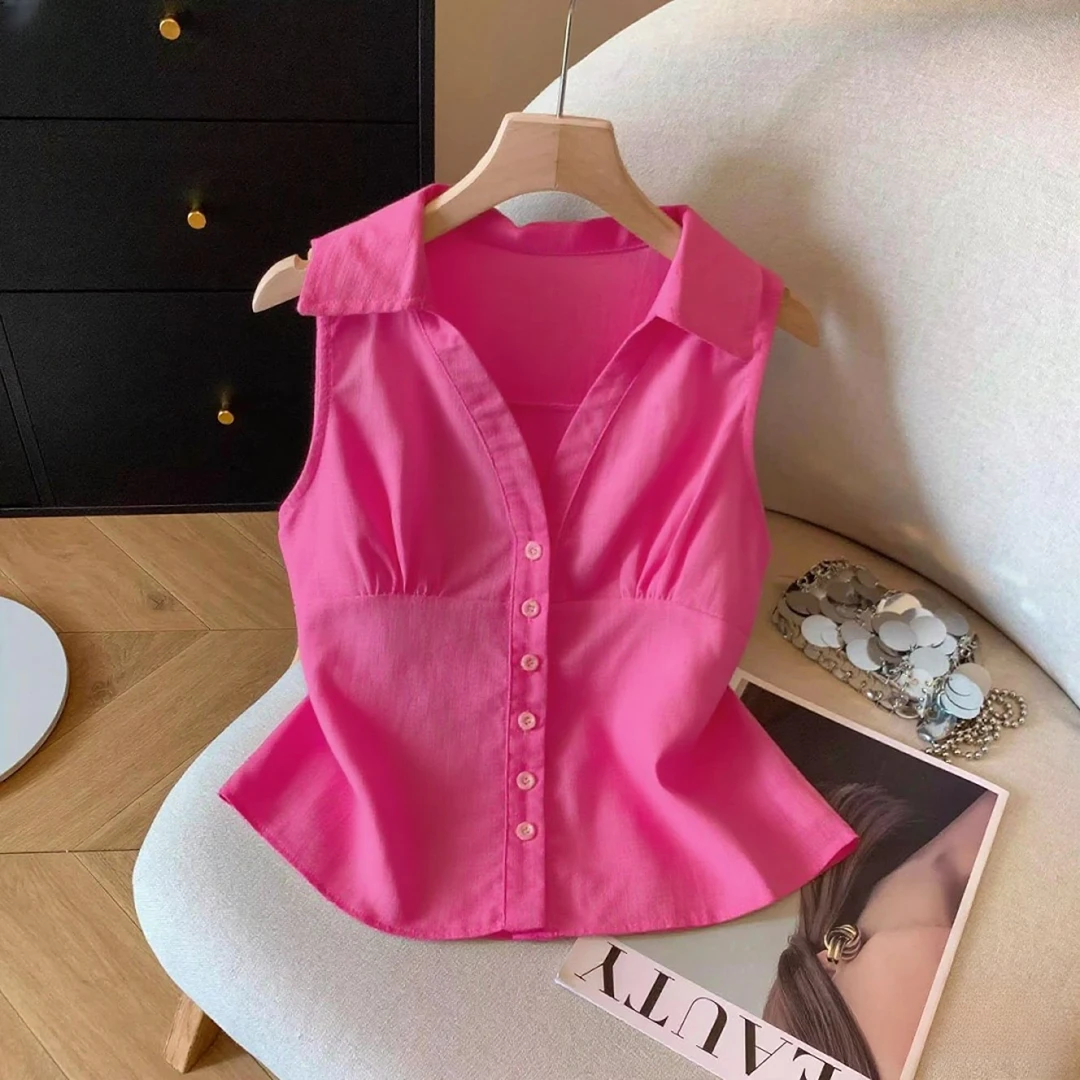 法式高级感树莓粉单排扣polo领无袖衬衫背心2025洋气早秋小衫