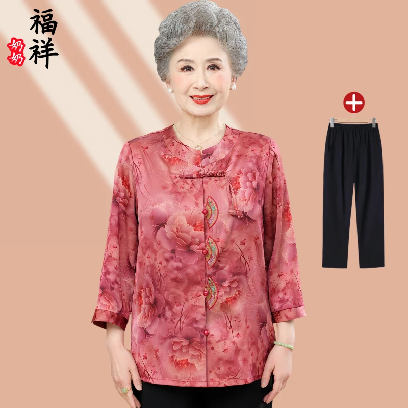 中老年人清凉夏装妈妈装七分袖衬衫老人奶奶装老太太妈妈夏季衣服