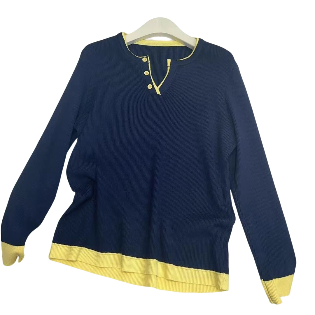 (十八家）藏蓝色撞色黄色针织上衣