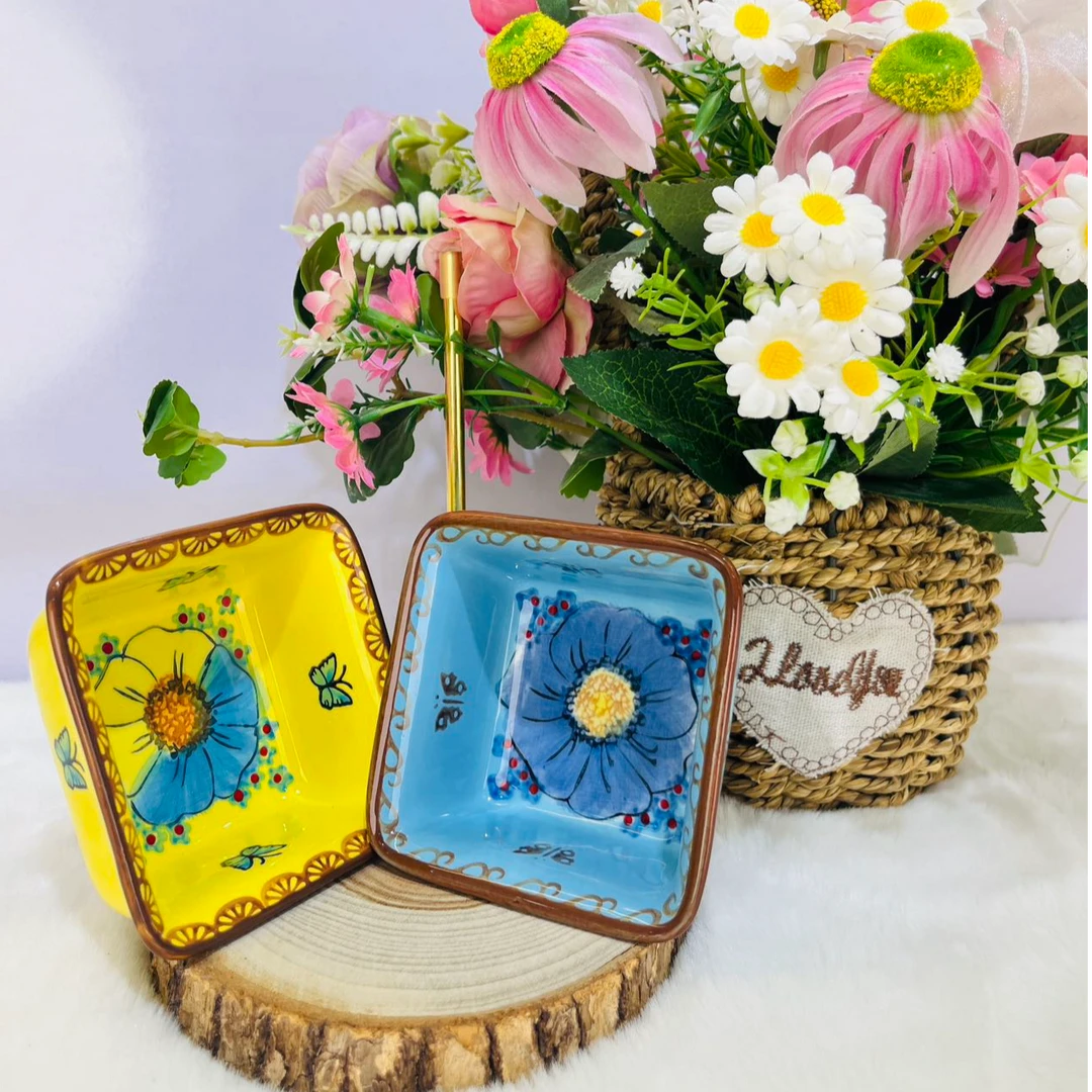 新瓷【蓝黄四方烤碗】手绘加厚方碟防烫简约轻奢小碟小果酱碗