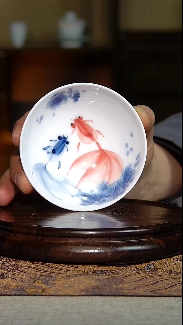 景德镇 全手制手绘青花佳彩金玉满堂普洱杯