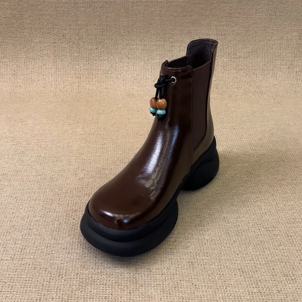 RubyL/6cm简约复古风串珠装饰舒适百搭圆头厚底增高显瘦短靴女款