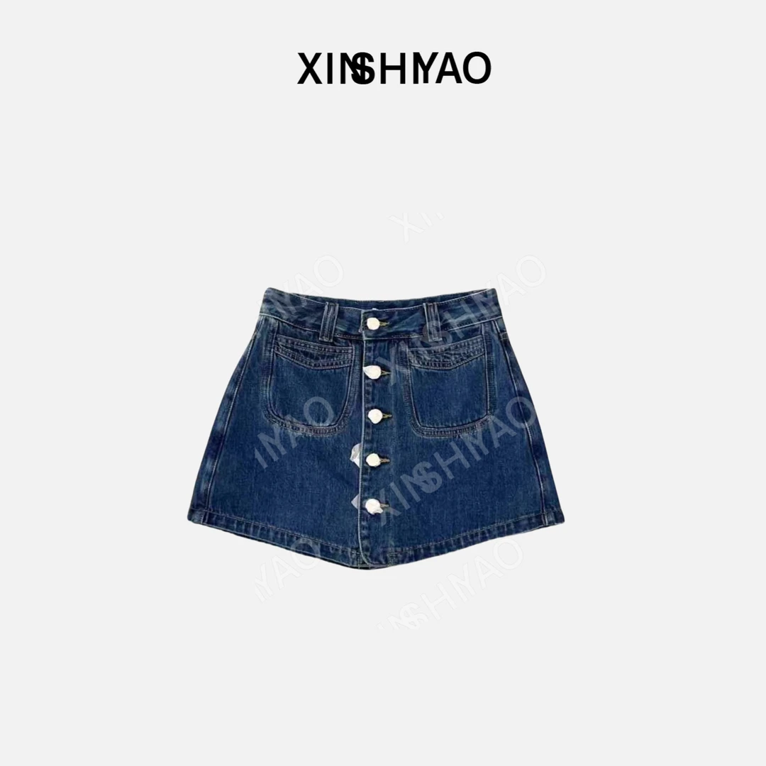 【XSY】夏季排纽扣式大弹力修身显瘦牛仔短裤