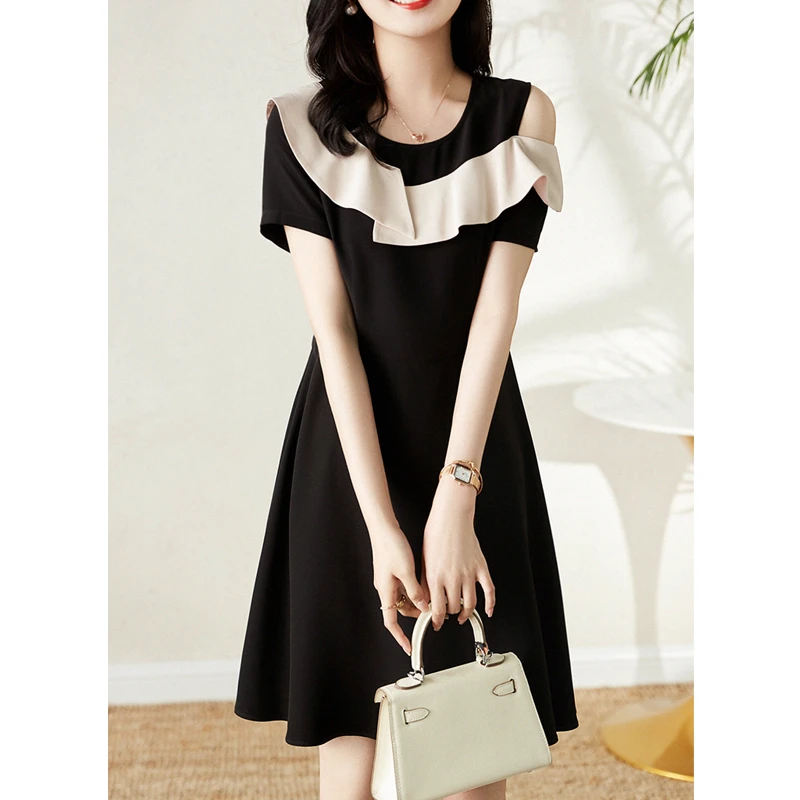 2025夏装新款高级感穿搭荷叶边拼接单边露肩收腰显瘦连衣裙802