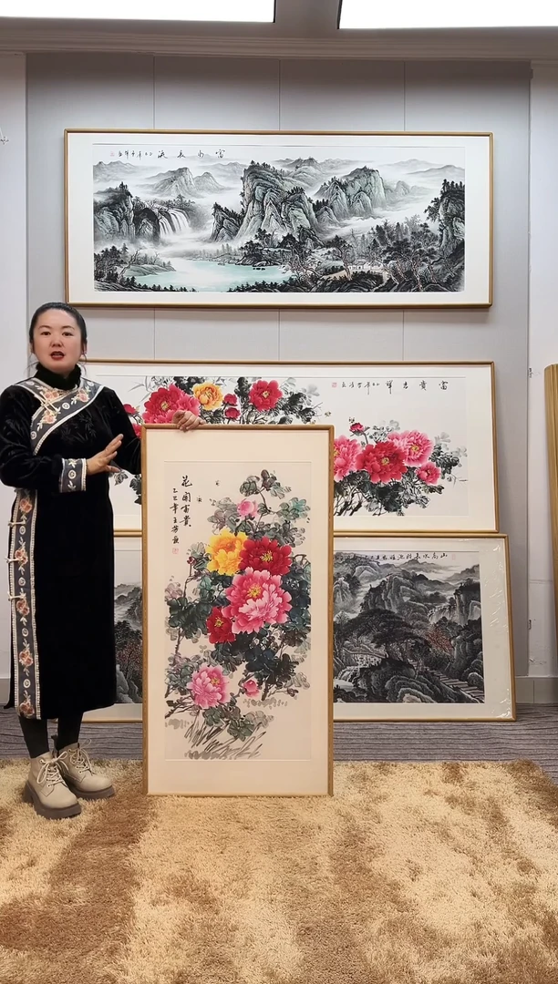 国画手绘牡丹122*62尺寸