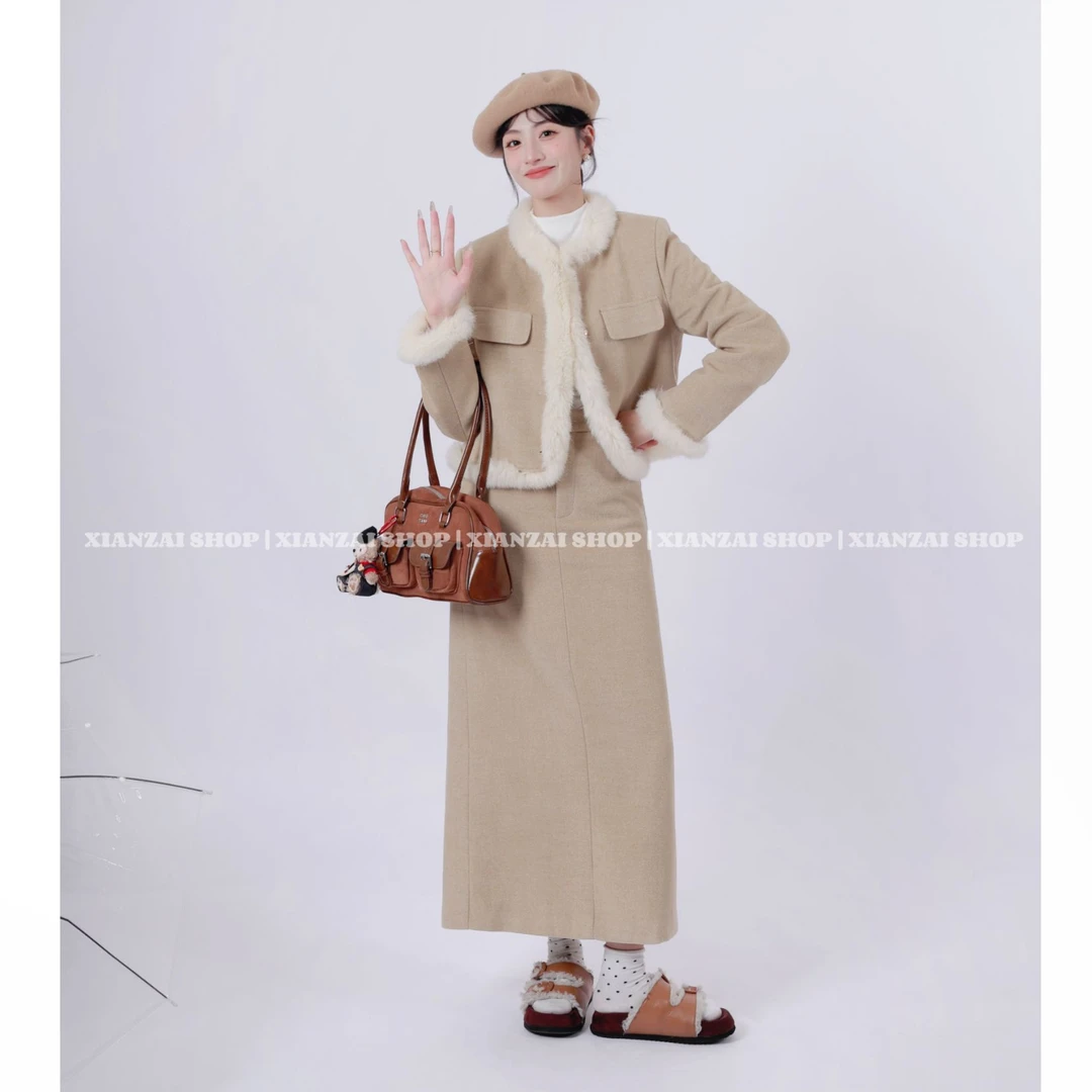 XIANZAI【热奶宝】秋冬反季羊毛兔毛拼接羽绒外套半身裙两件套装