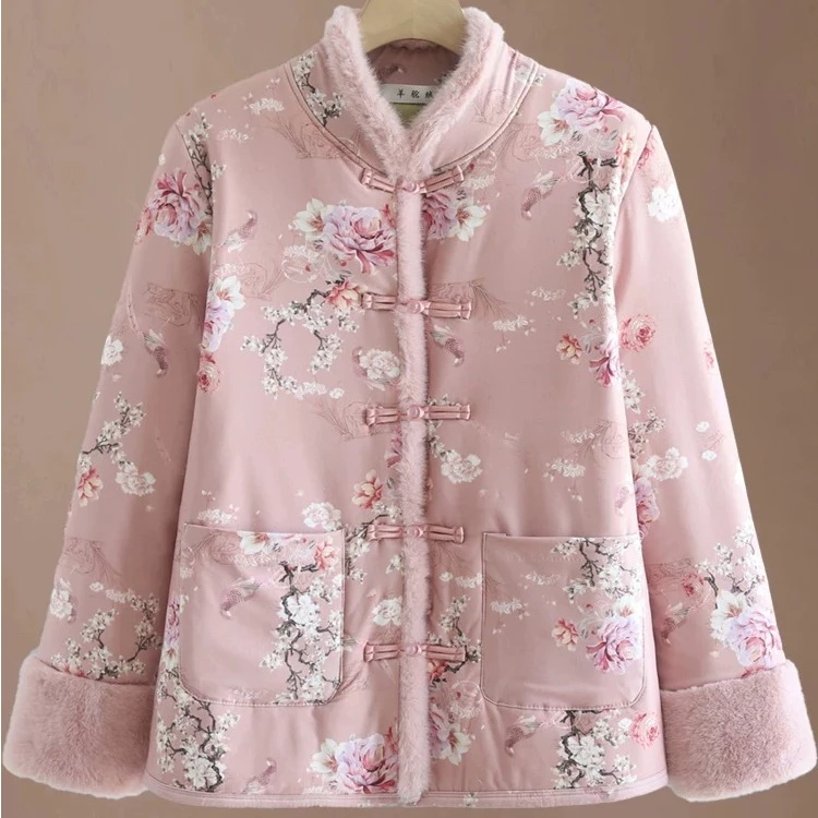 升级款新中式国风盘扣妈妈春秋加绒加厚外套保暖大码棉衣