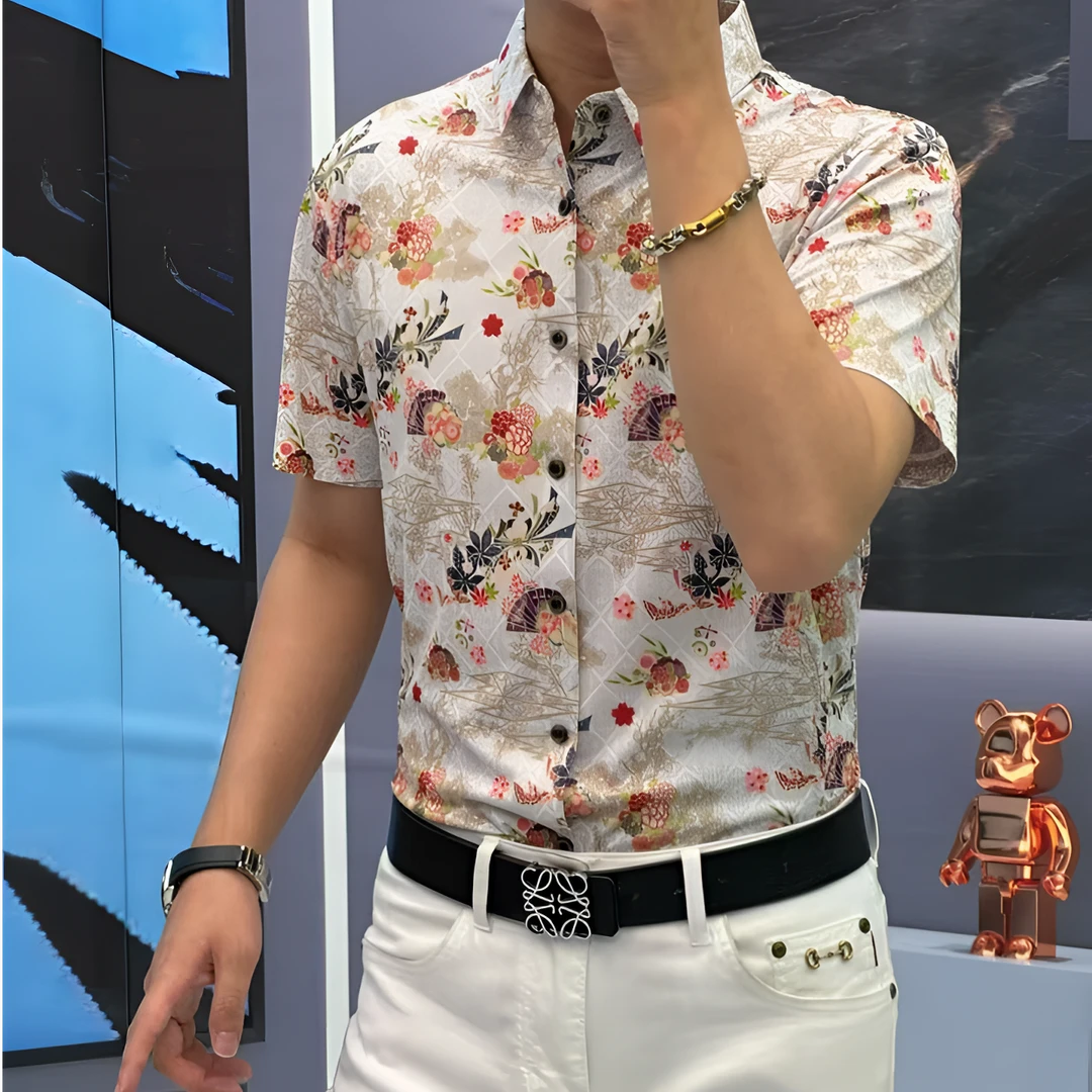 FLD甄选桑蚕丝新款无缝免烫高弹力高品质小碎花印花男士短袖衬衫