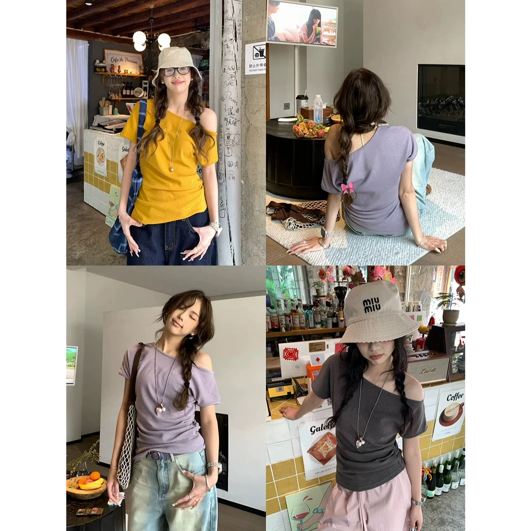 【现货专属】时尚气质纯色T恤荡领露肩短袖上衣女设计感潮流3520