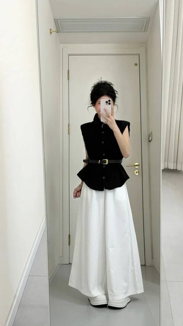 2025夏季新款韩系穿搭高级感黑色衬衫上衣搭配高腰阔腿裤两件套女