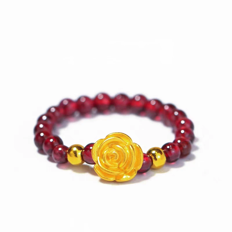 【黄金补贴】足金玫瑰花搭配天然石榴石戒指【证书，礼盒】