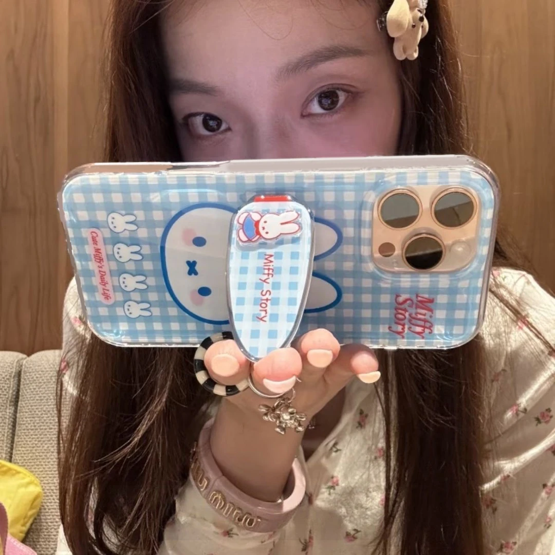 ins蓝格纹米菲兔适用苹果17Promax支架16手机壳vivo华为oppo小米