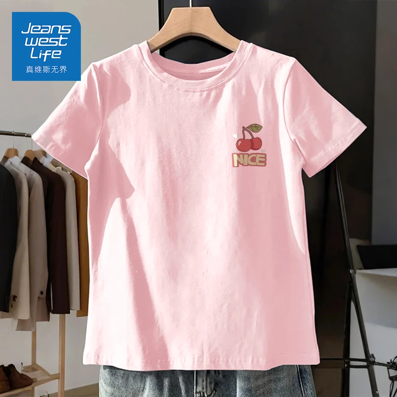 真维斯无界夏季粉色女宽松T恤圆领打底欧若风穿搭青春女大时尚女