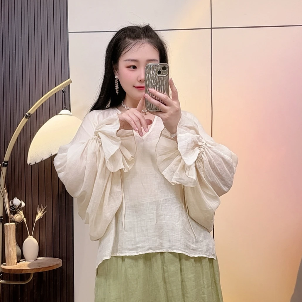 宗宗严选【语烟】2025宽松仙气慵懒感苎麻系带灯笼袖大版小衫上衣女