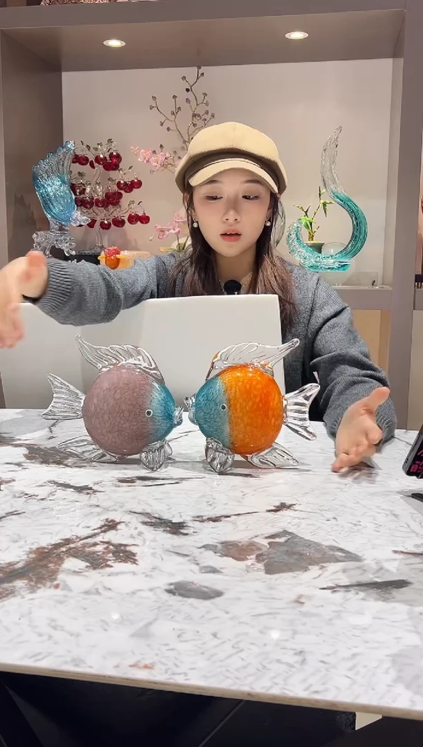 琉璃小鱼摆件一对