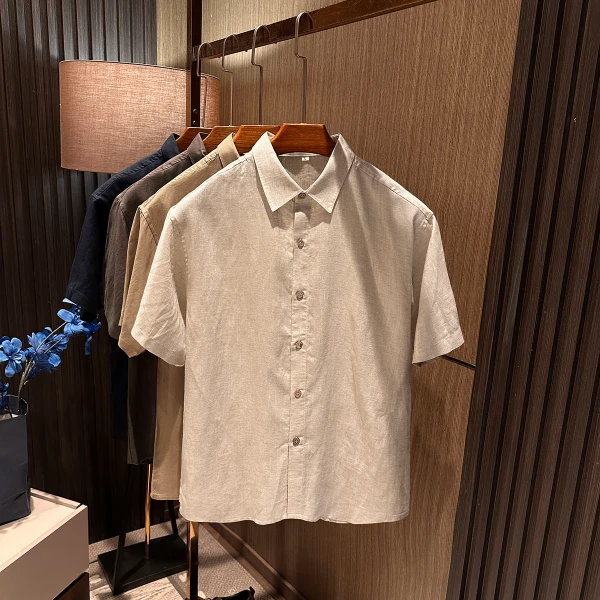 【经典老钱风 莱赛尔混纺】夏季新款男士高档纯色薄款亚麻短袖衬衫