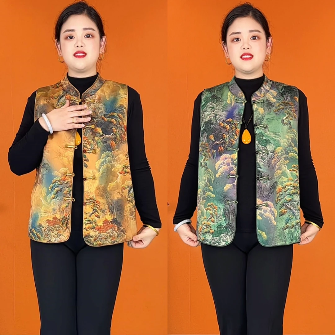 时尚中式立领文艺风薄款复古印花上衣纽扣马甲中国风唐装百搭马夹